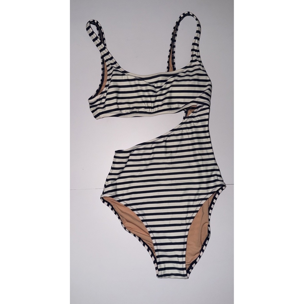 JCREW Women's Navy White Stripe Cutout One Piece Size 2 Swim Square‎ Neck